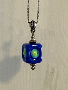 Handcrafted Lampwork Blue Glass Cube Bead Pendant Necklace with Sterling Silver